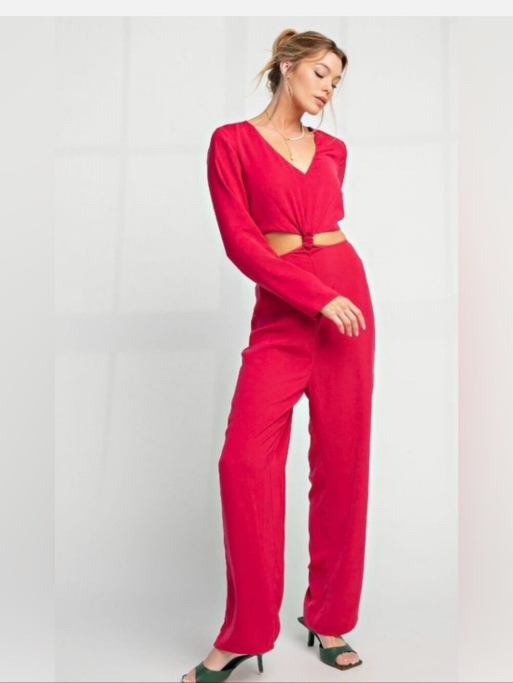 Easel Dobby Maxi Cutout Long-Sleeve Jumpsuit, NWT